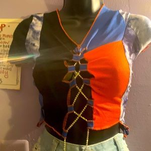 Orange, blue and black crop top with sparkly chain